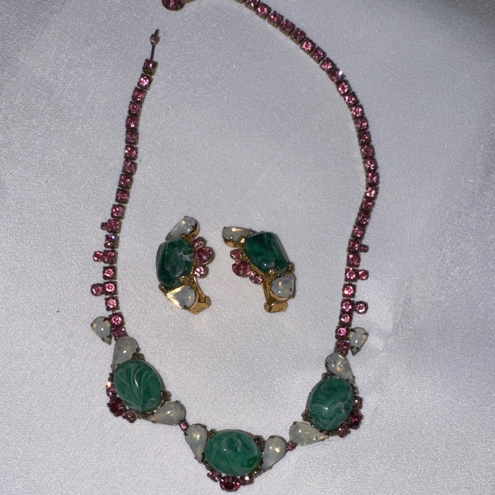 Vintage Costume Pink and Green Necklace and Earring Set